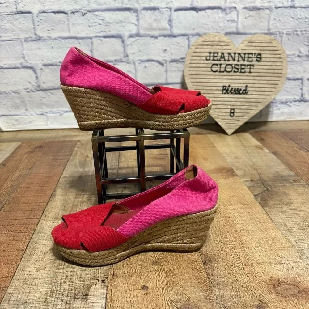 Tory Burch Filipa Colorblock Espadrilles Pink Red Wedge Heel Size